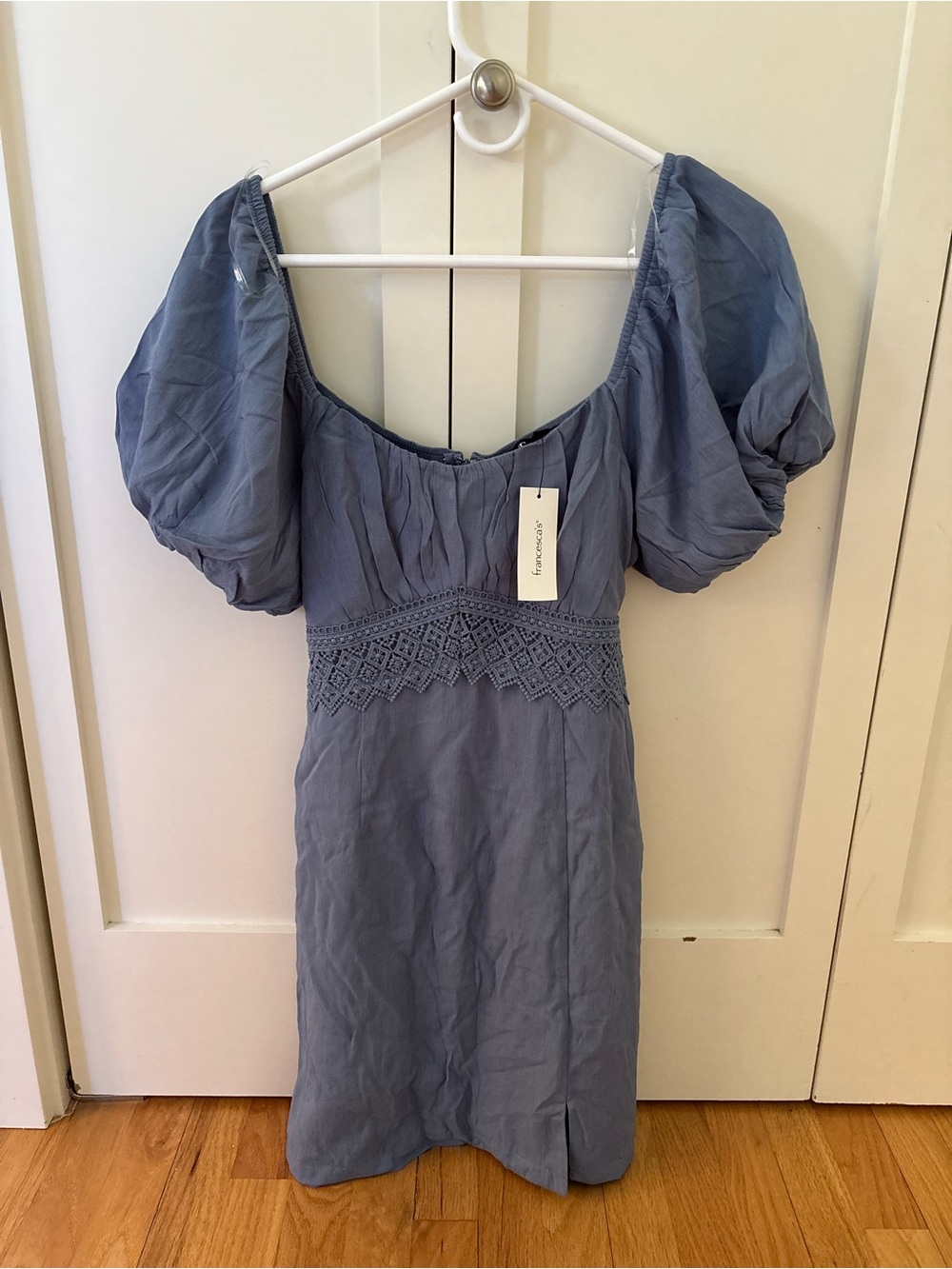 Francesca’s Trixxi Dusty Blue Puff Sleeve Crochet Waist Mini Dress